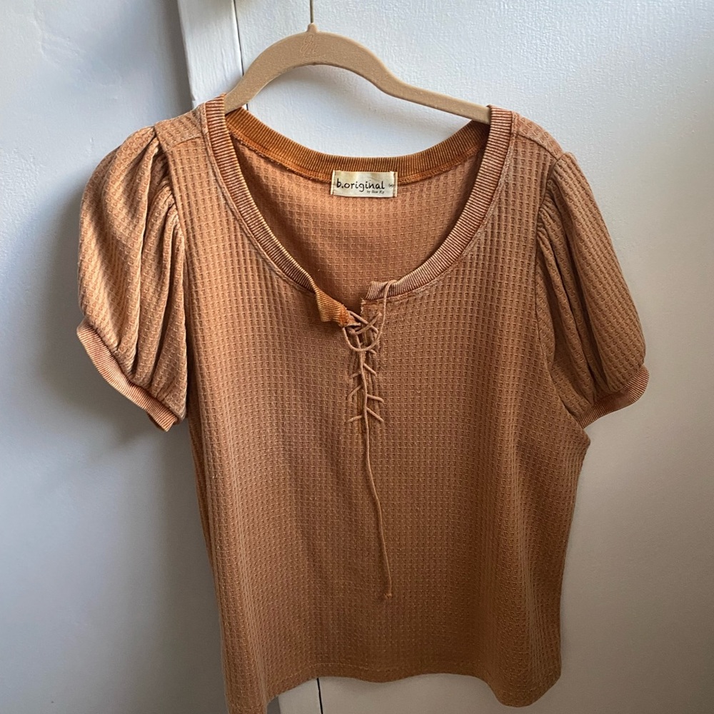 Brown Ribbed Tie Front Blouse
